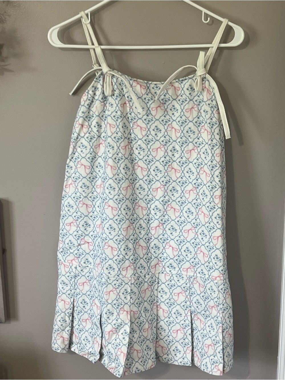 White Mini Dress with Pink Bow and Blue Tile Print